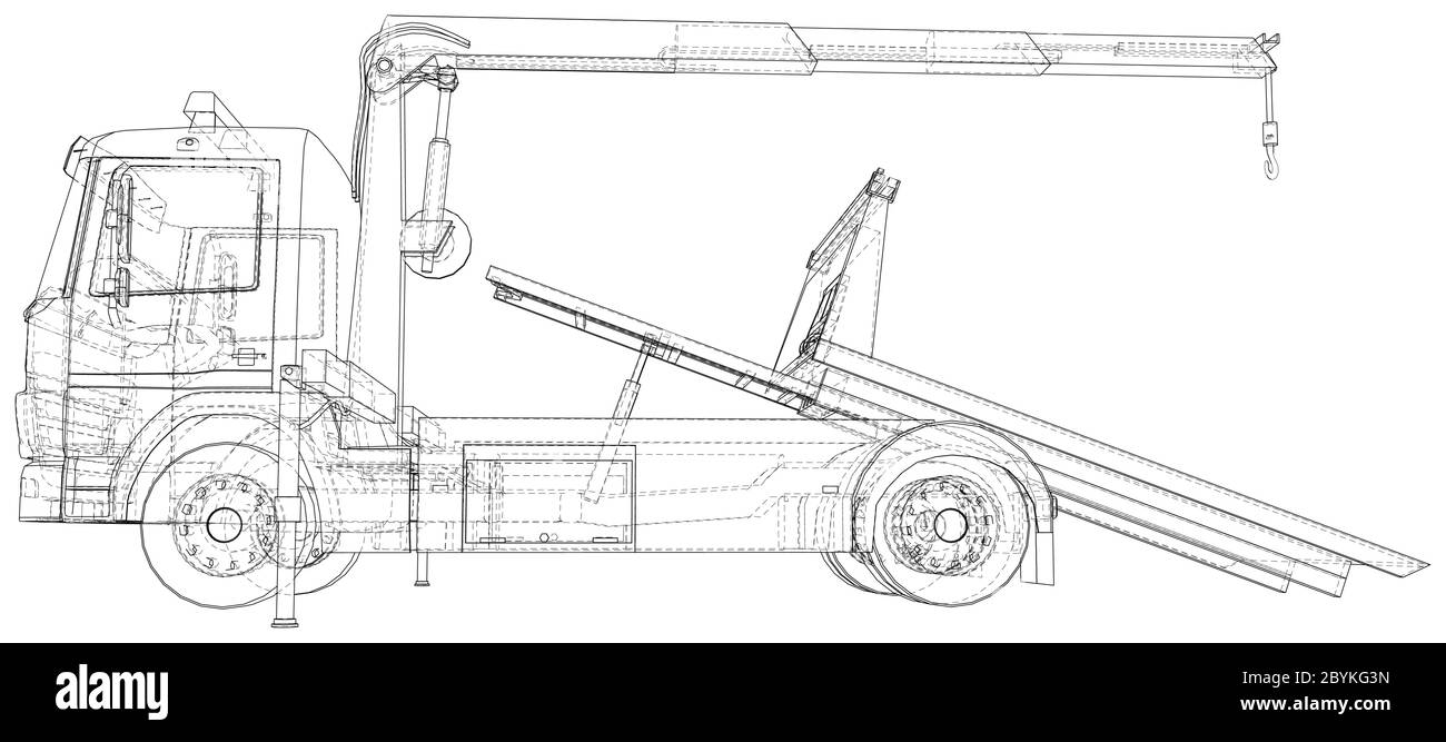 Tow truck vector. Towing car trucking vehicle transportation towage. Help on road. Wire-frame. The layers of visible and invisible lines are separated Stock Vector