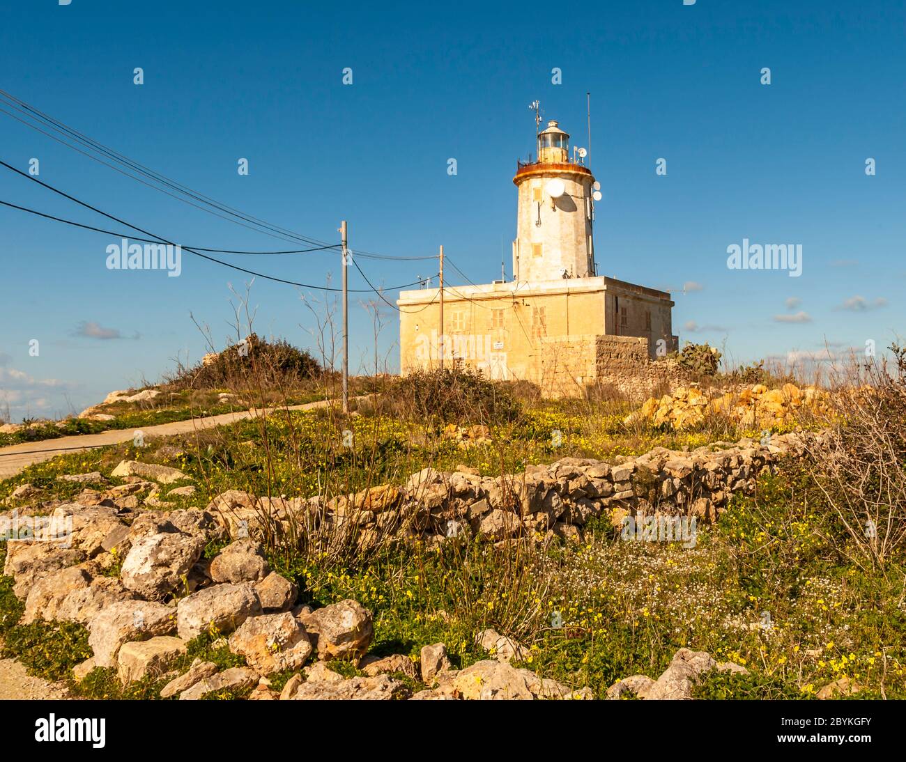 Giordan Lighthouse (Ta’ Ġurdan Lighthouse or Gordan Lighthouse) in Għasri, Gozo, Malta Stock Photo