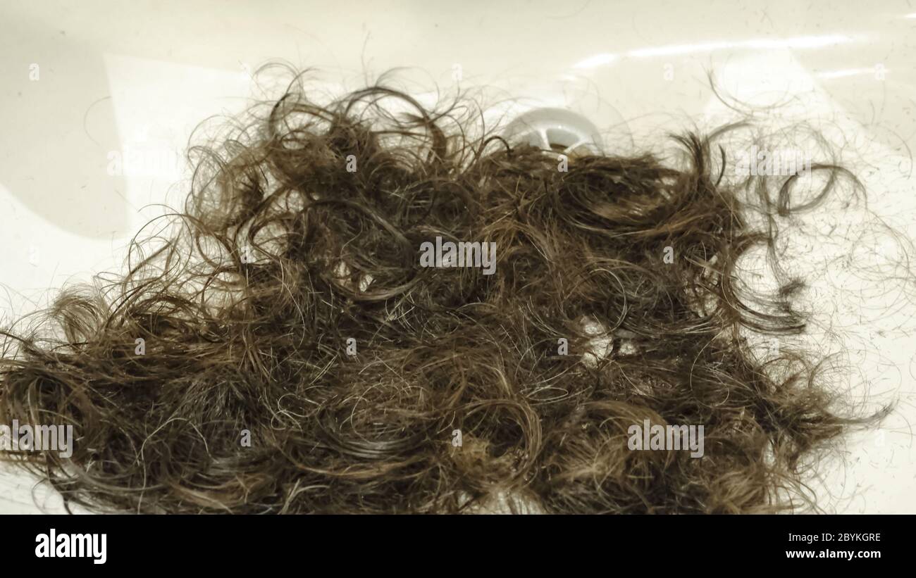 dark cut human hair lies in the sink. barbershop Stock Photo