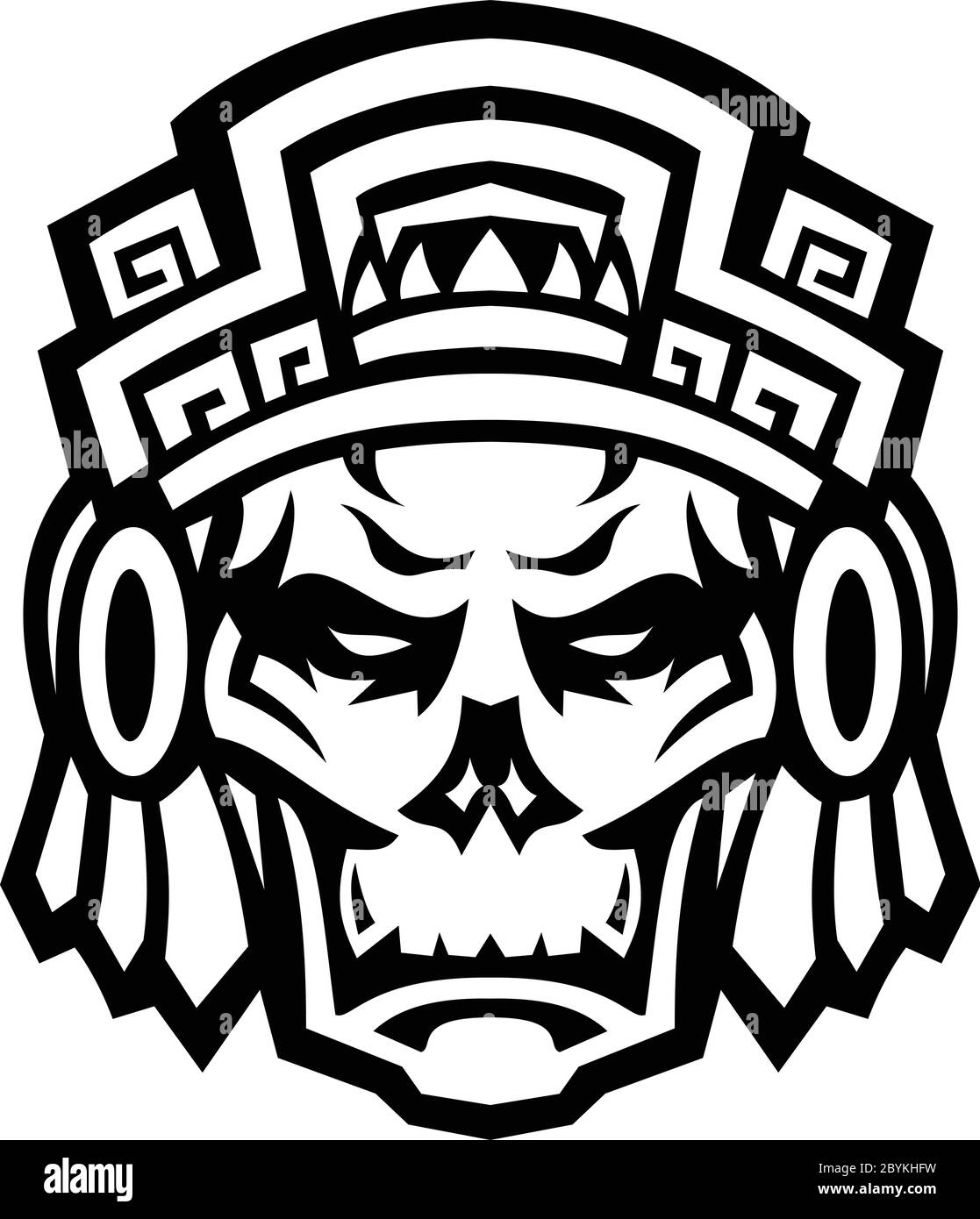 Mascot icon illustration of a skull of a noble Aztec warrior wearing wood helmet or headdress viewed front on isolated background in retro black and w Stock Vector