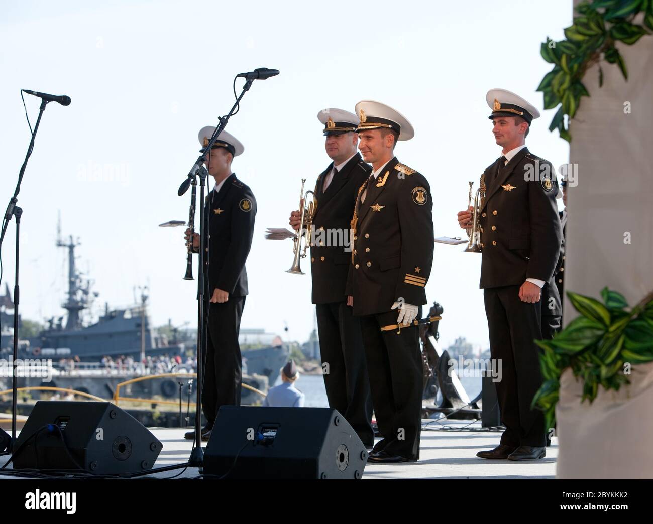 military band musicians perform on a city holiday, Stock Photo