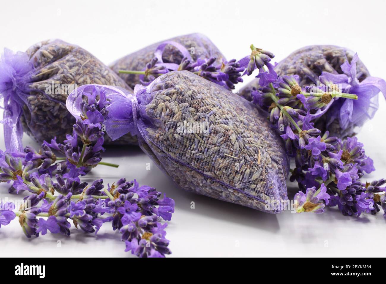 Close up of isolated bagged dried lavender blossom sacs used as moth