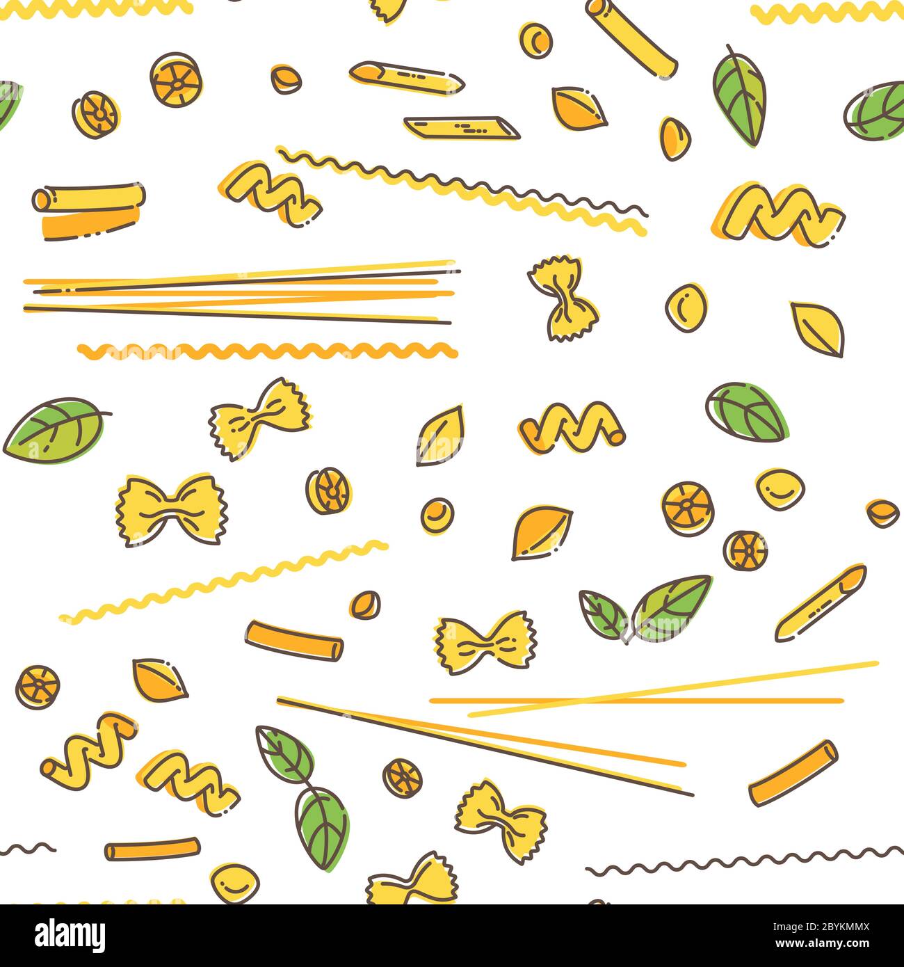 Pasta and basil seamless pattern. Stock Vector