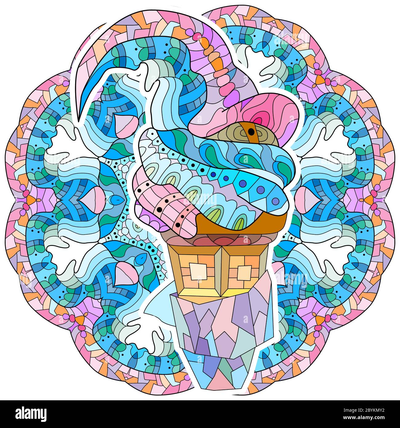 Hand drawn colorful zentangle ice cream illustration with mandala Stock
