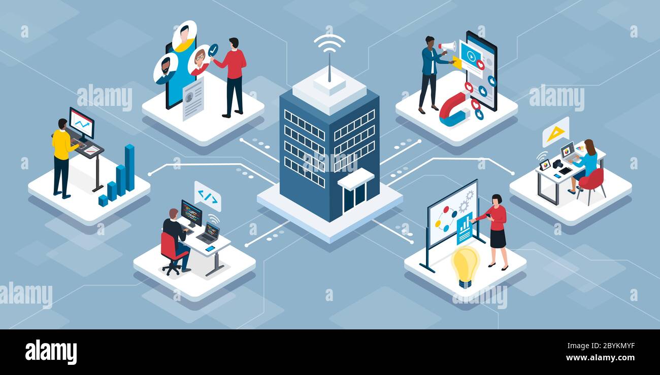 Professional business people connecting together and working remotely for an IT company, isometric infographic Stock Vector