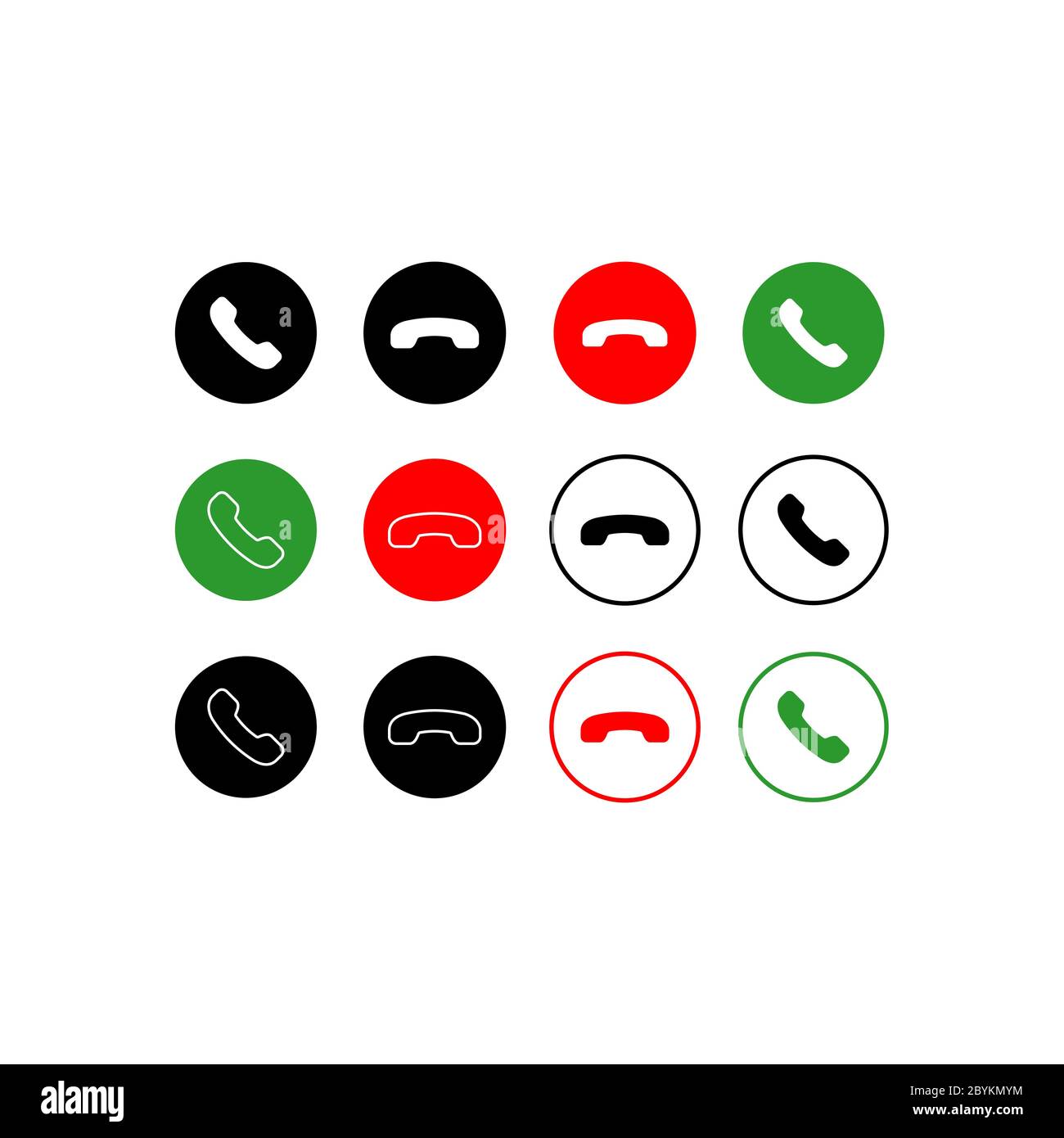 Accept and decline call icons set or buttons yes no with handset silhouettes. Call answer on isolated white background. EPS 10 vector. Stock Vector