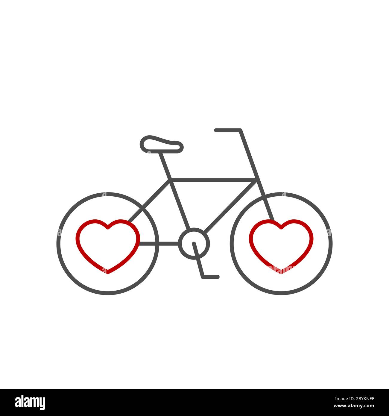 Bicycle with heart shaped tires. Line icon. Love for cycling and