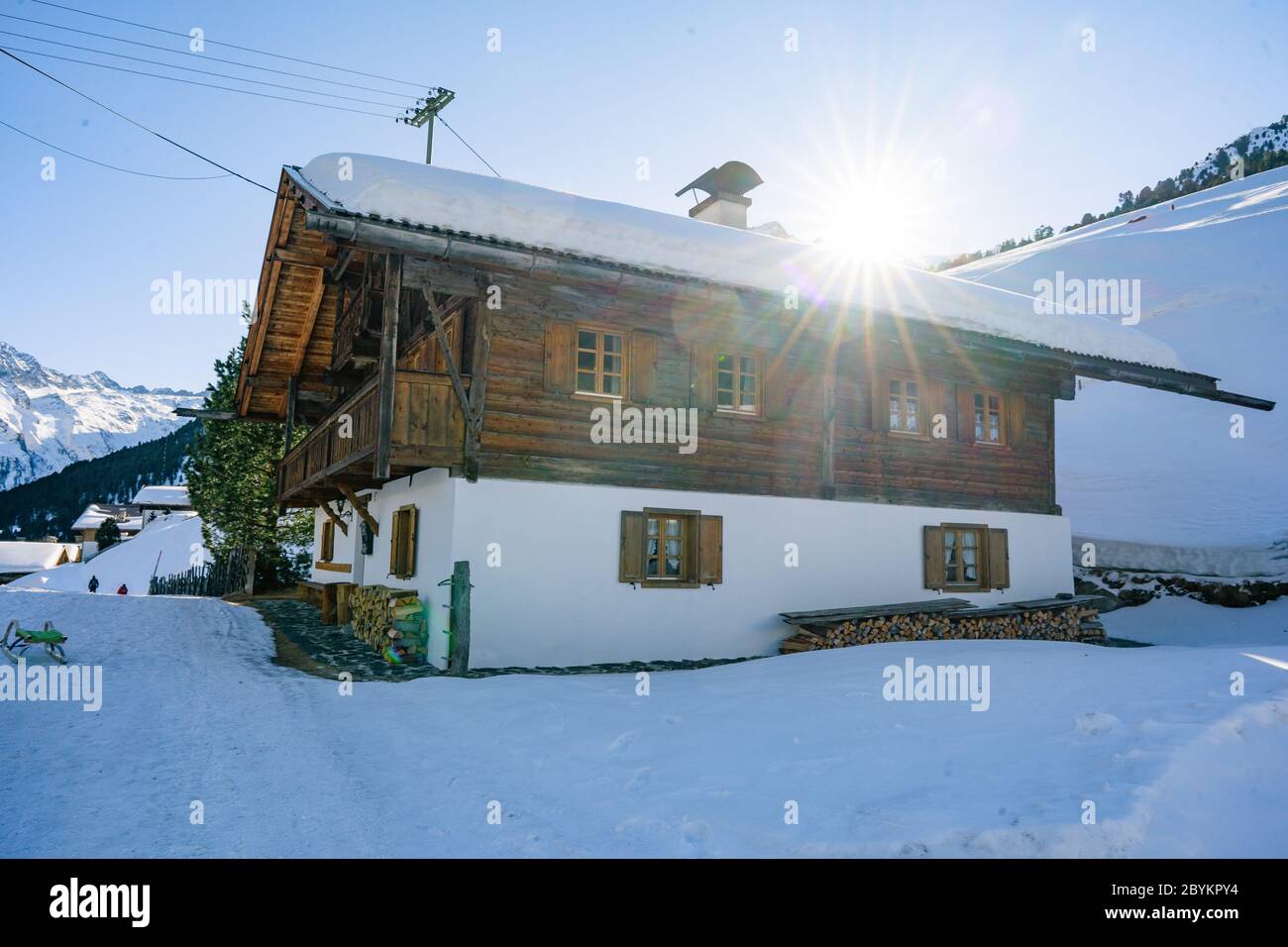 Classic mountain huts in Praxmar and in the Sellrain Valley, Austria. Perfect for sociable fun in the snow! Stock Photo