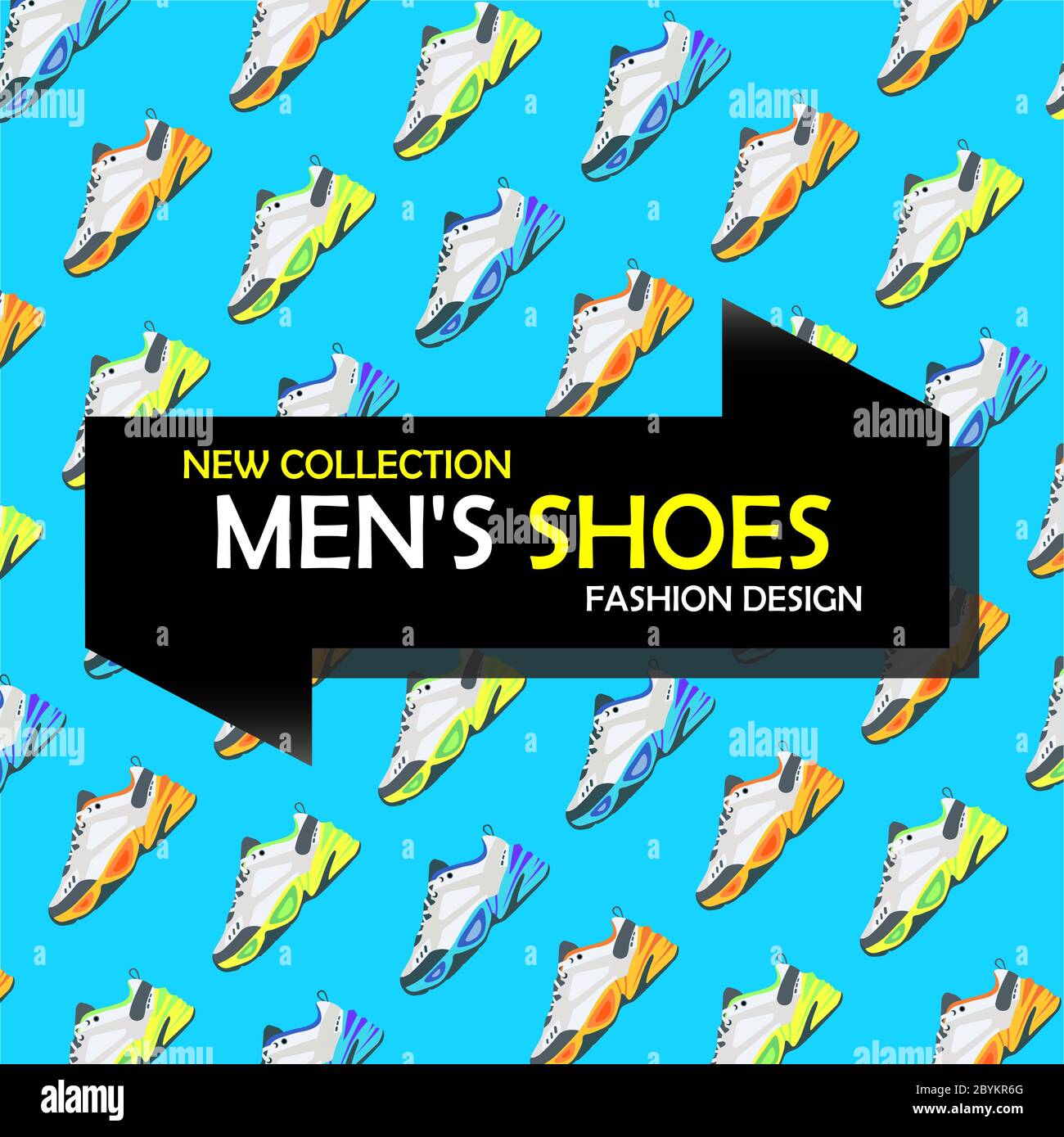 Banner or signboard sneakers or background with shoes. Shop men's shoes. New collection or trendy design. Flat in bright colors on an isolated Stock Vector
