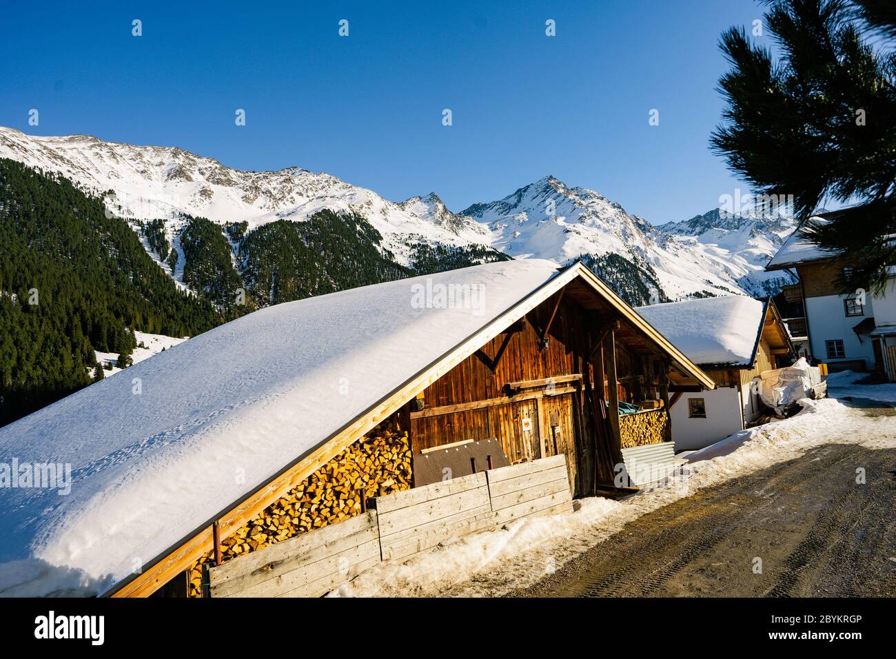 Classic mountain huts in Praxmar and in the Sellrain Valley, Austria. Perfect for sociable fun in the snow! Stock Photo