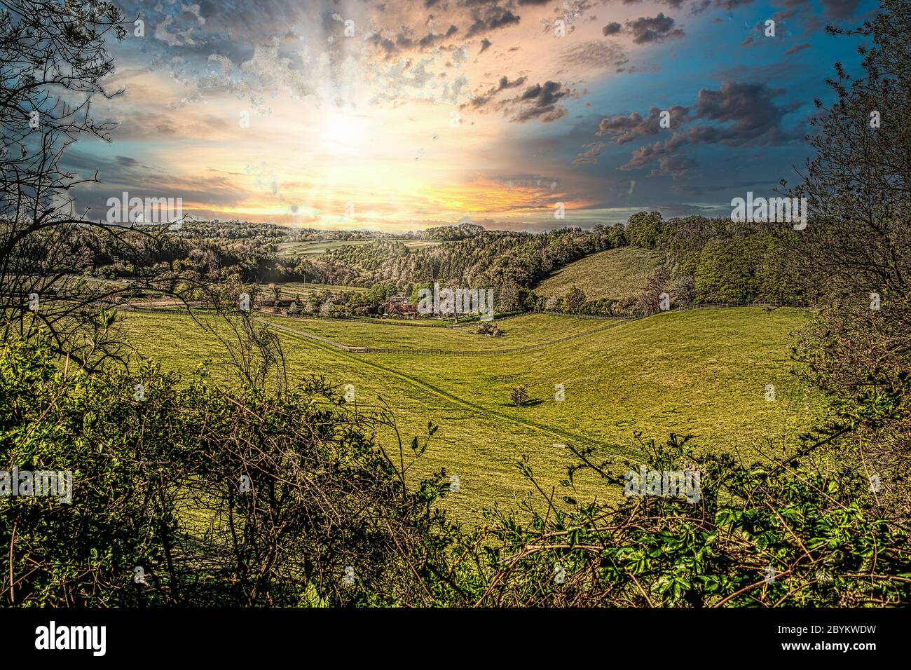 dramatic sunset over English countryside Stock Photo