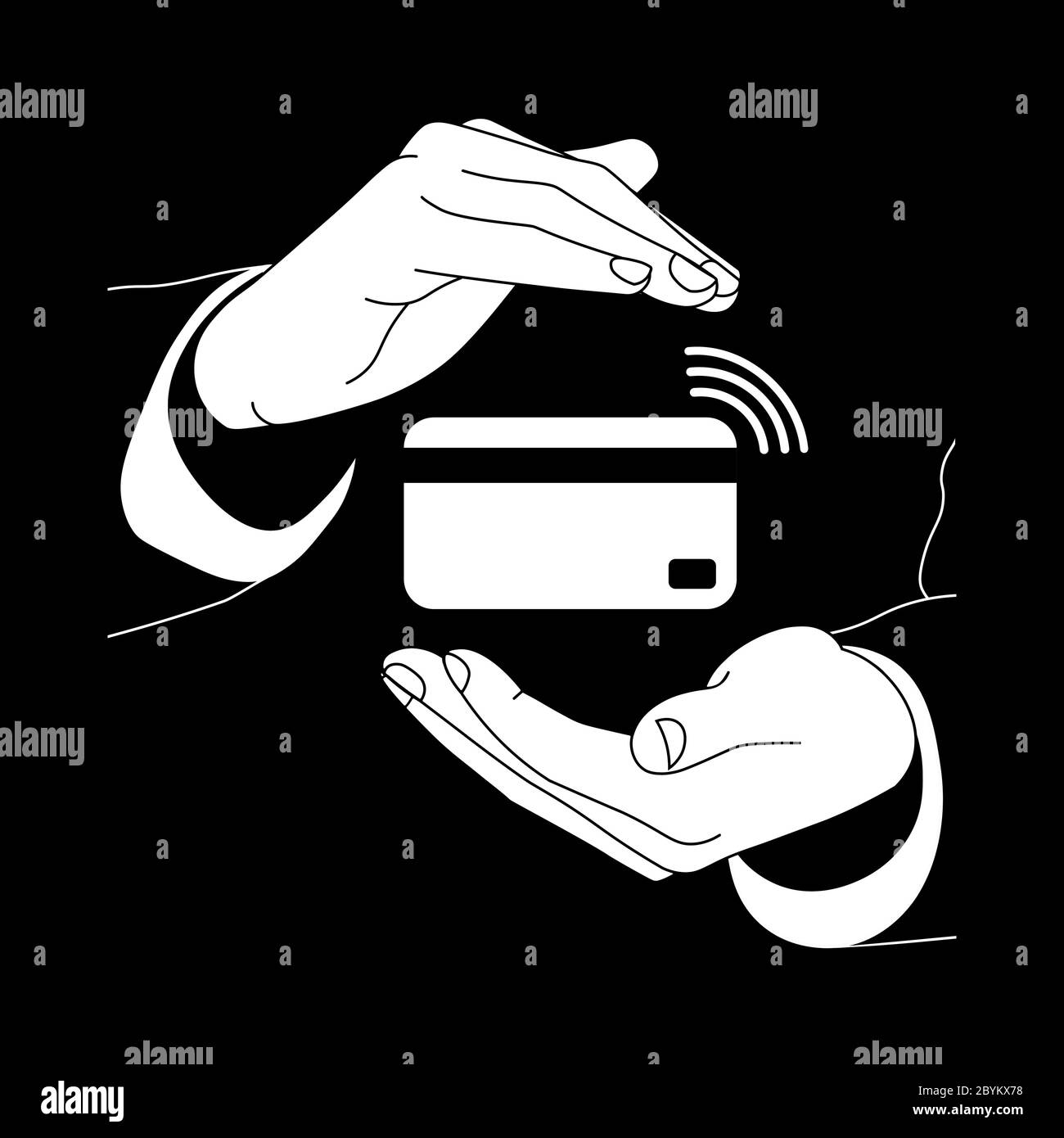 Icon logo of hands holding contactless card payment system. POS, NSF technology, non-cash payment, card payment, icons in white on an isolated black Stock Vector