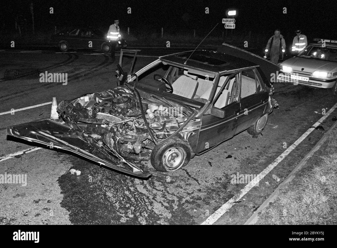 1992 - A wrecked Renault 9 car following a road traffic accident on the outskirts of Salisbury in Wiltshire UK. No serious injuries were sustained. Stock Photo