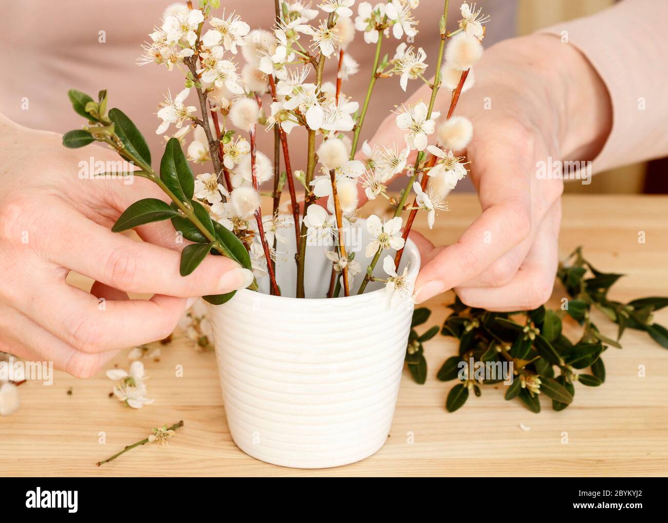 Florist at work: woman shows how to make simple decoration for Easter table with chery blossom twigs, buxus and catkins. Step by step, tutorial. Stock Photo