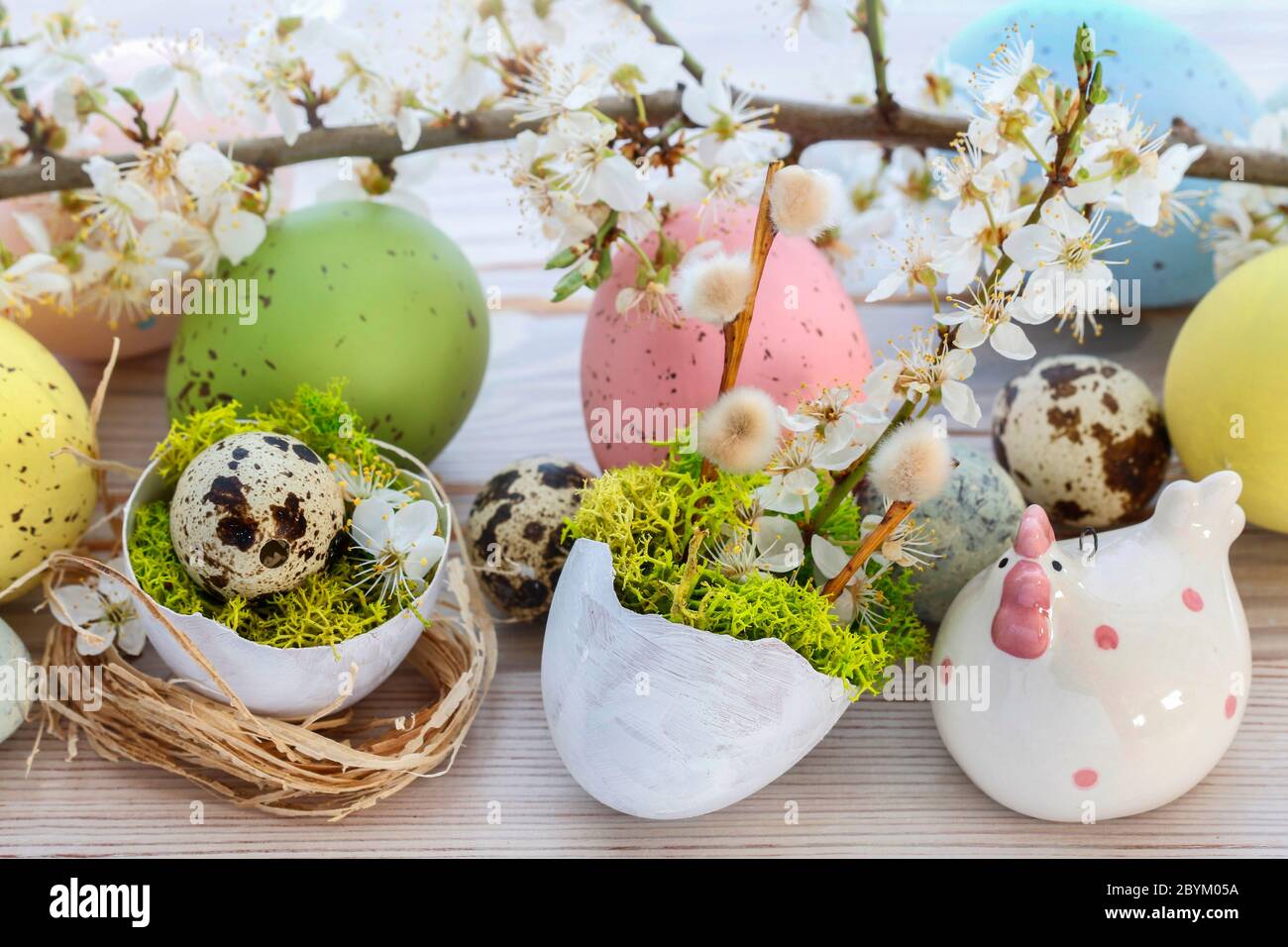 Easter table decoration with cherry blossom branch and colorful eggs on a wooden table. Stock Photo