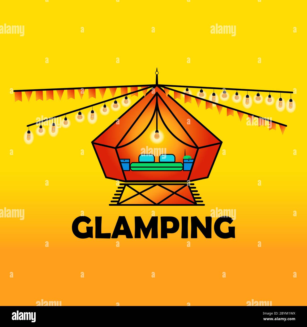 Glamping or camping with a tent icon and glowing light bulbs in bright modern colors, isolated on a bright orange background. Comfort, wifi. EPS 10 Stock Vector