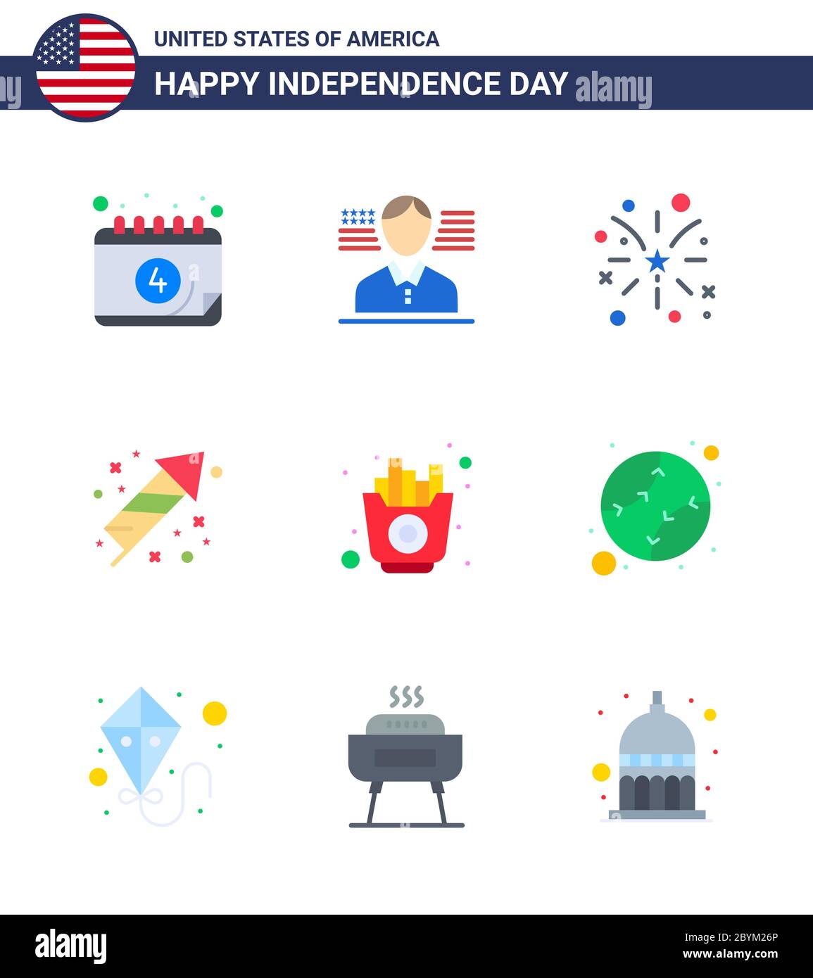 Big Pack of 9 USA Happy Independence Day USA Vector Flats and Editable Symbols of fries; fast; fire; holiday; festivity Editable USA Day Vector Design Stock Vector