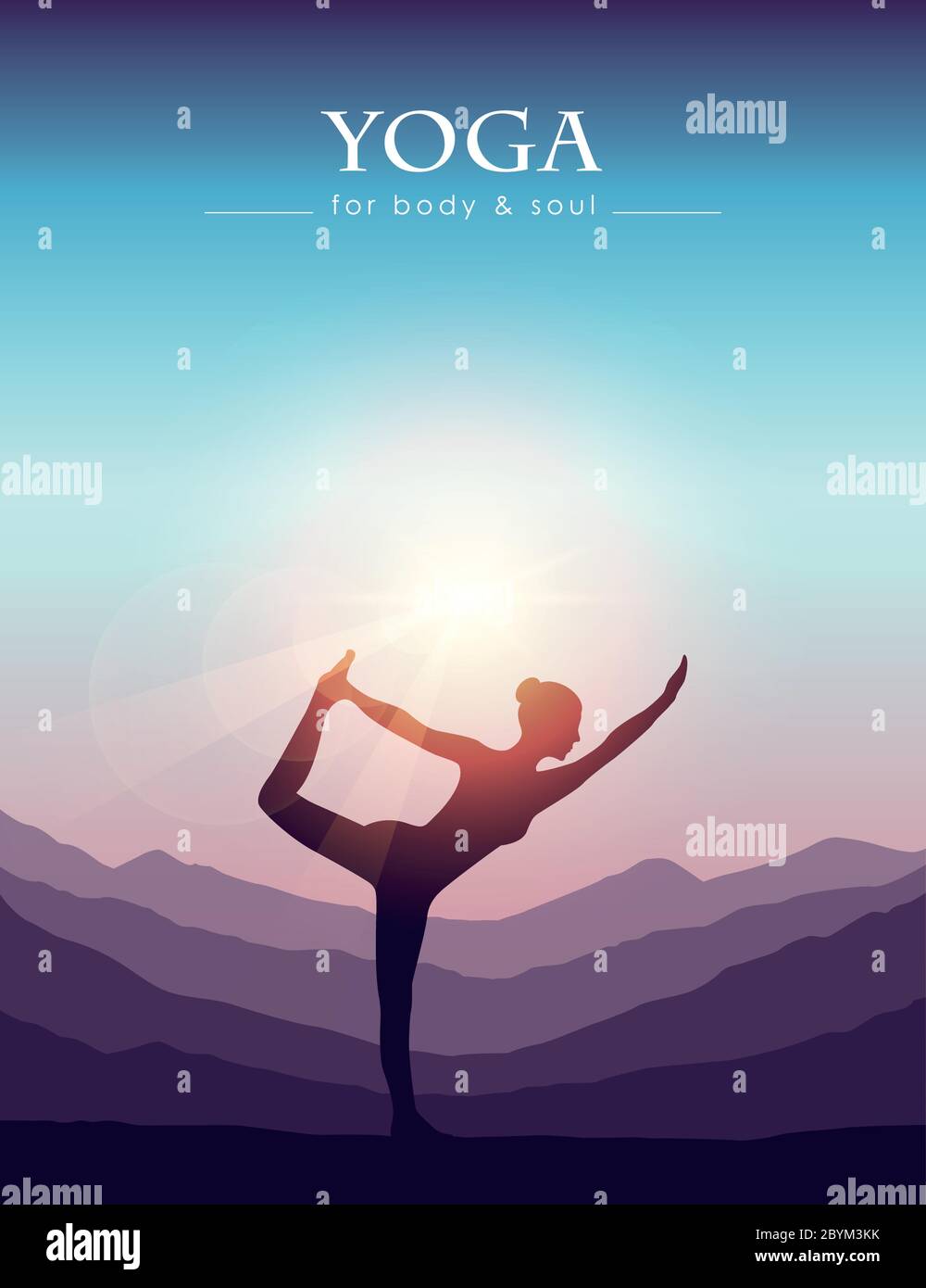 girl makes yoga on mountain landscape at beautiful sunset vector illustration EPS10 Stock Vector