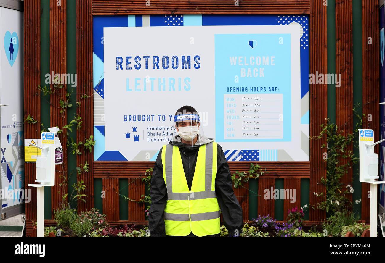 Marcela Benetti, a cleaner at one of the temporary public toilet facilities installed by Dublin City Council, on streets in Dublin. Stock Photo