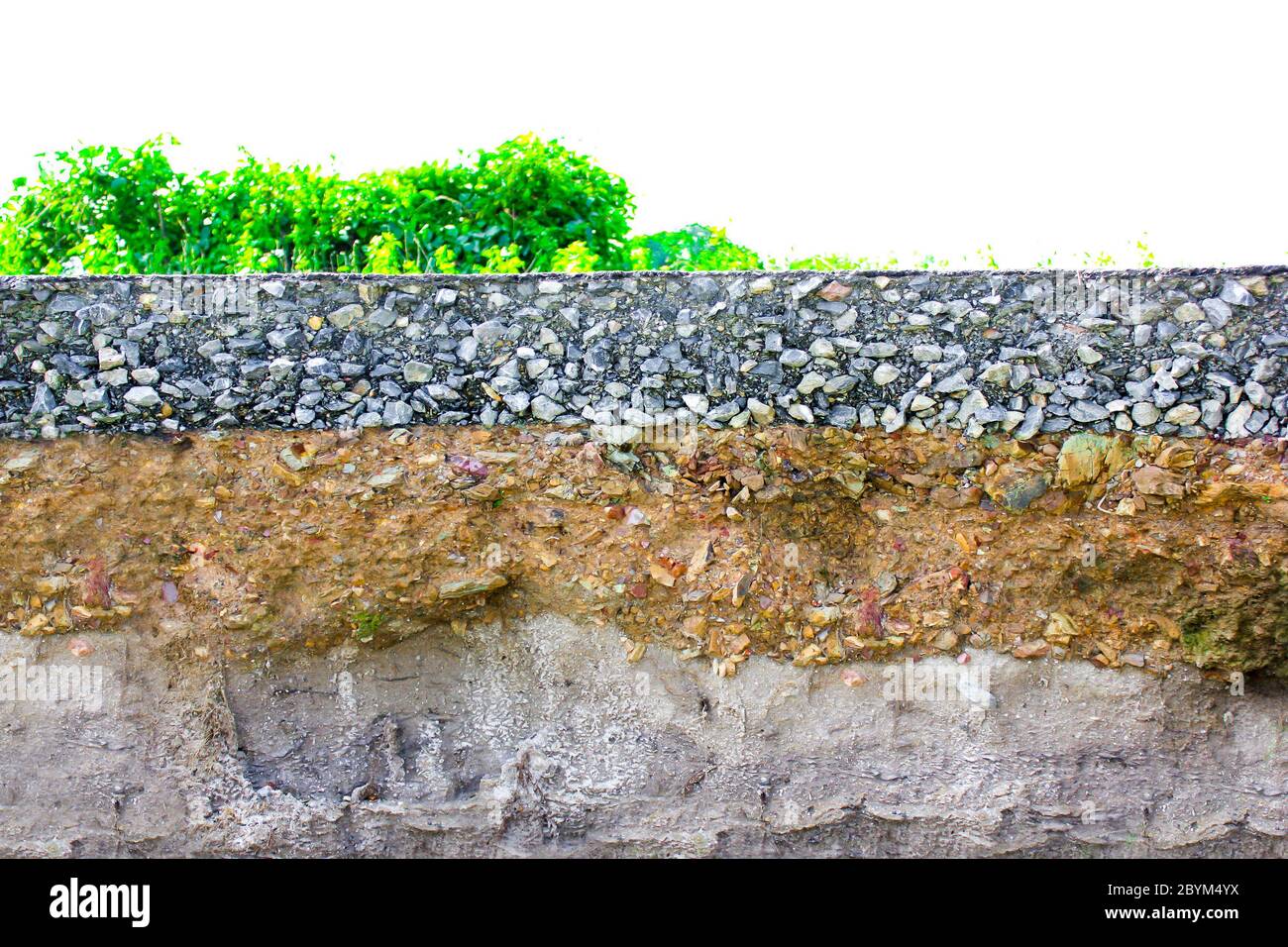 damage the asphalt road cut of soil layer with different visible ...