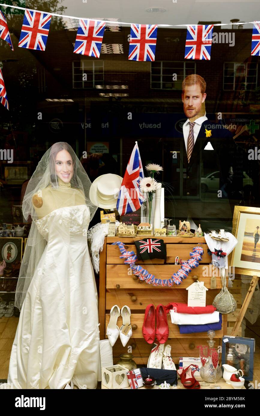 Two life size card board cut outs In a charity shop representing Meghan Markle and Prince Harry dressed for their wedding day. Stock Photo