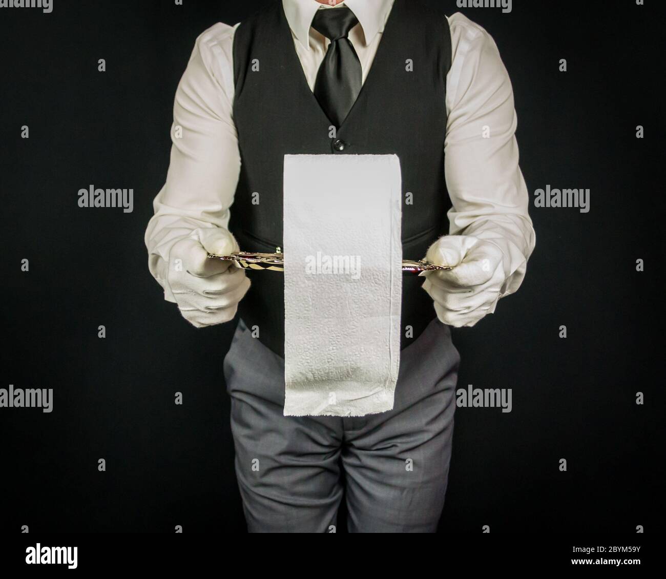 Butler Holding Tray of Toilet Paper. Concept of Service Industry and
