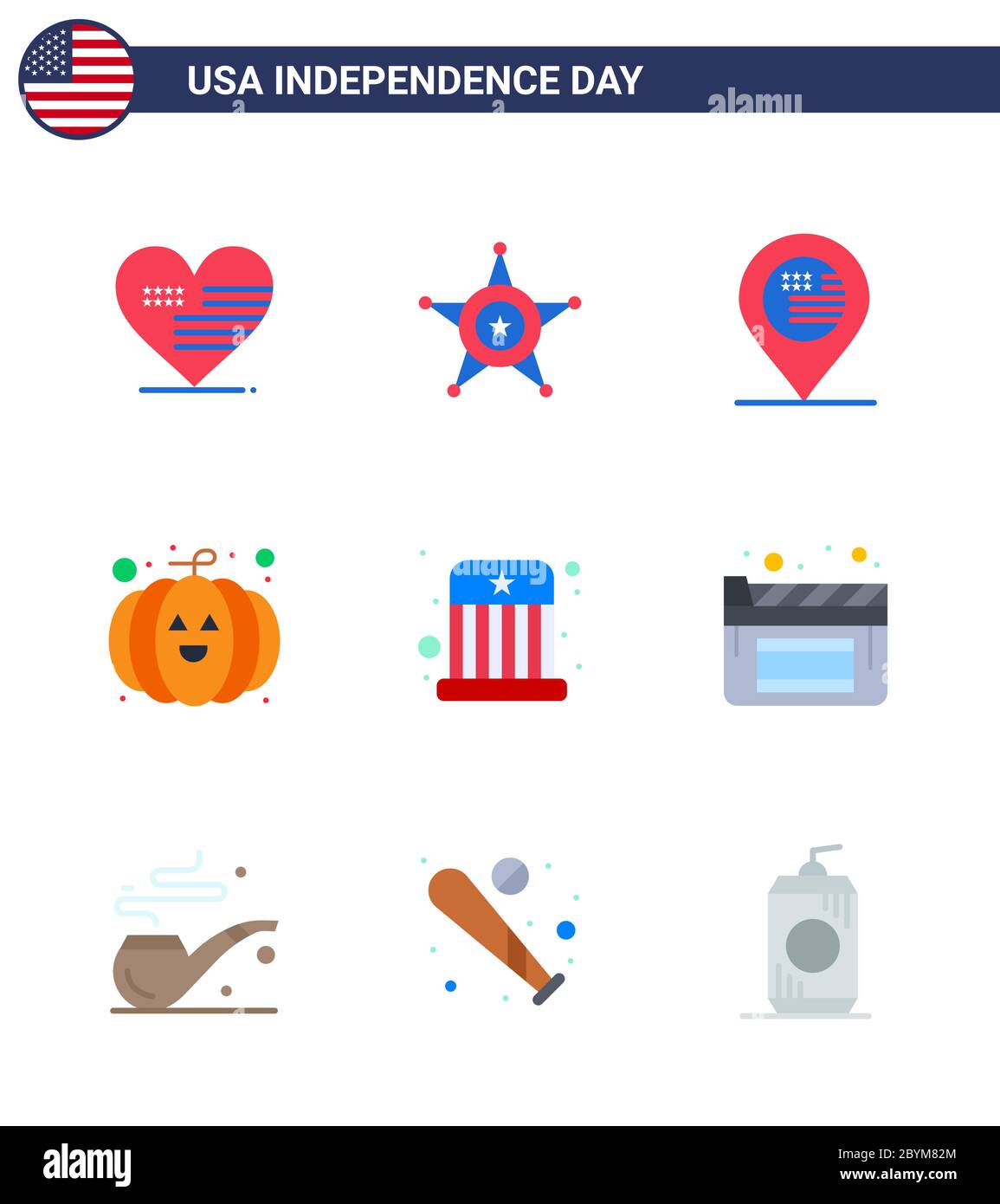 4th July USA Happy Independence Day Icon Symbols Group of 9 Modern Flats of kids; circus; american; festival; food Editable USA Day Vector Design Elem Stock Vector