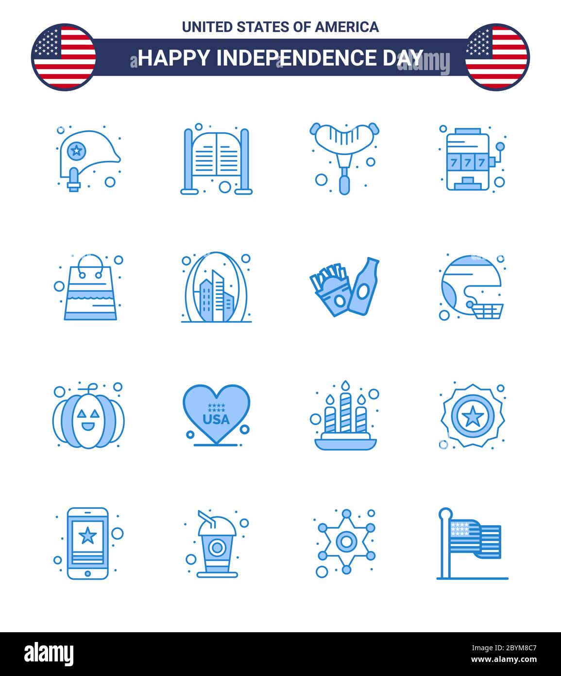 USA Independence Day Blue Set of 16 USA Pictograms of money; game; entrance; slot; casino Editable USA Day Vector Design Elements Stock Vector