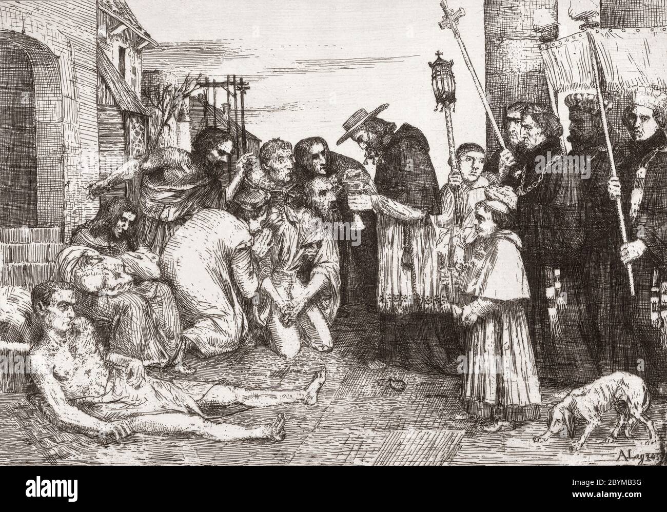 The Plague Victims of Rome, after an etching by French artist Alphonse Legros, 1837 - 1911.  People stricken with the plague receive the last sacrament from a cardinal who is atteneded by altar boys and priests. Stock Photo