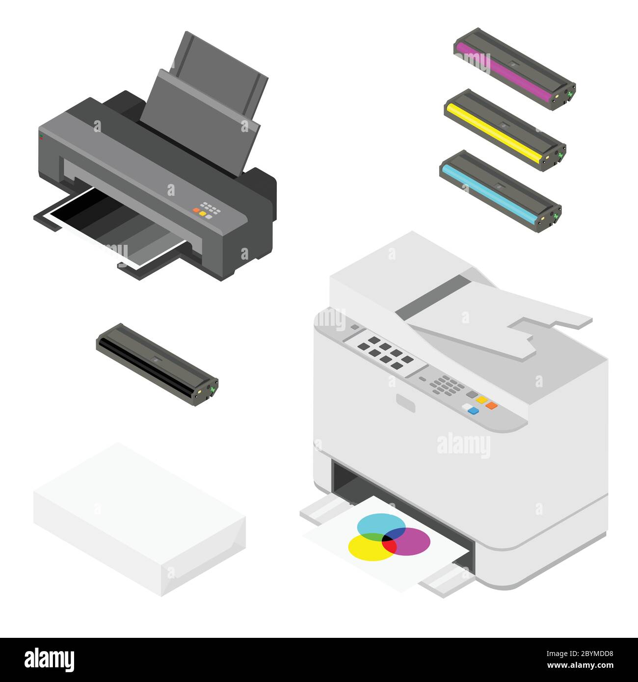 Printer, paper and cartridges isometric view. Vector Stock Vector