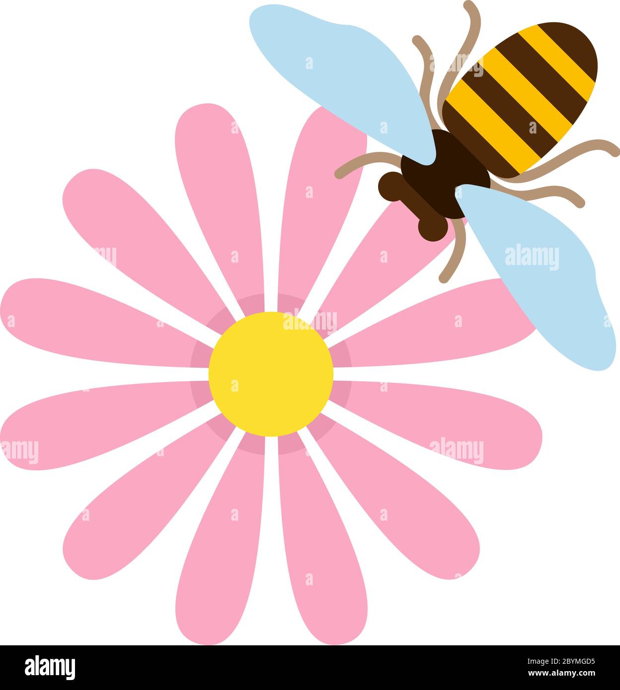 Pink field flower with bee top view flat isolated Stock Vector