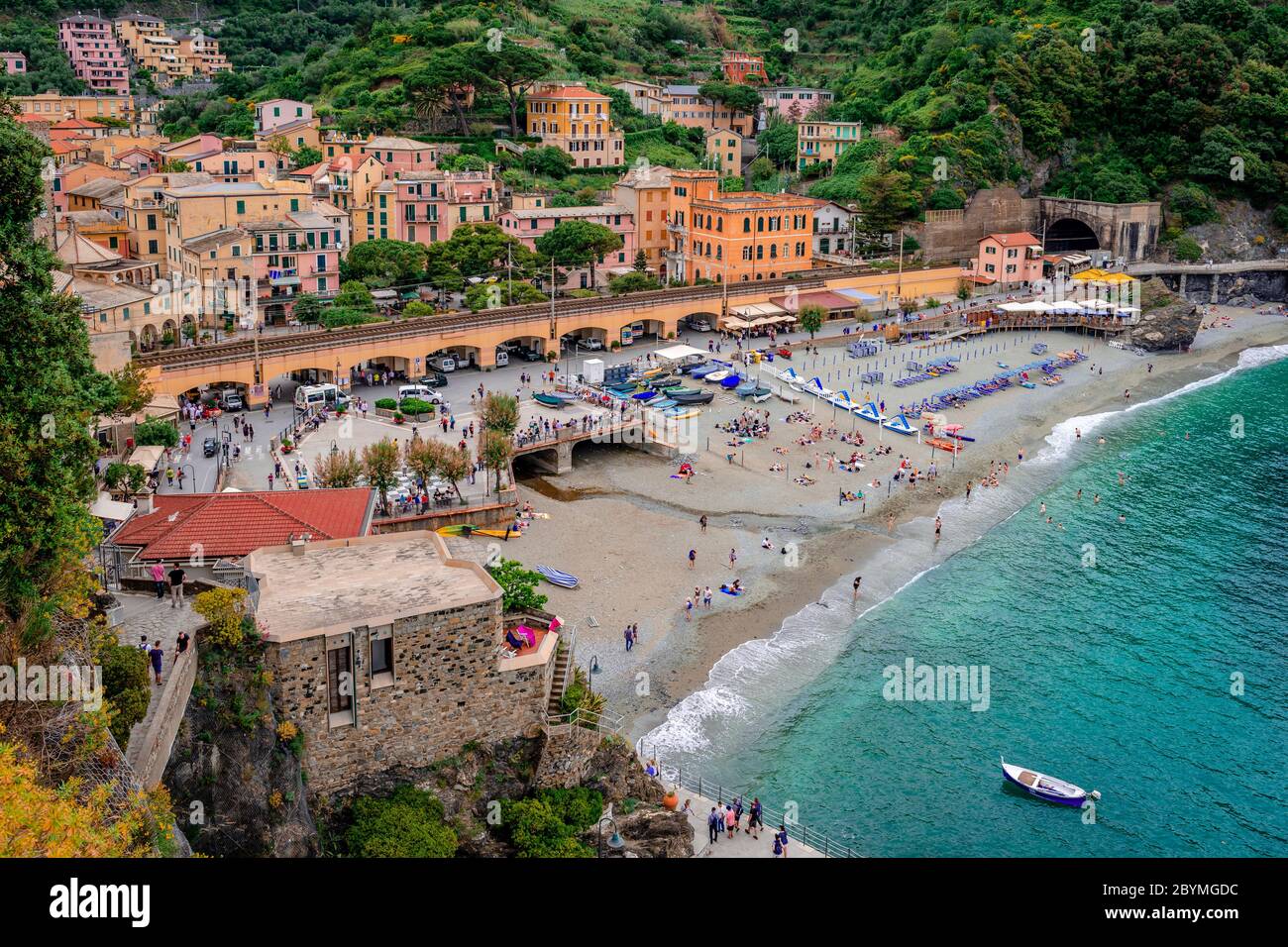 View of the village and the beach. Monterosso is the westernmost of the Cinque Terre, a national park protected by Unesco. Stock Photo