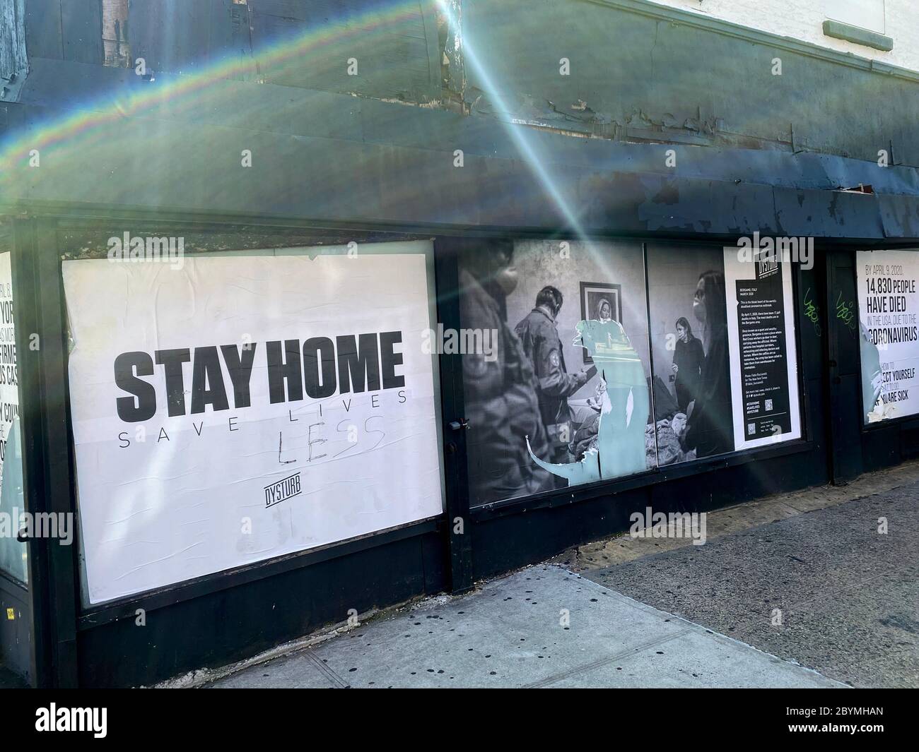 Dysturb Media installation on Flatbush Avenue in Brooklyn, New York during the Coronavirus pandemic. Stock Photo