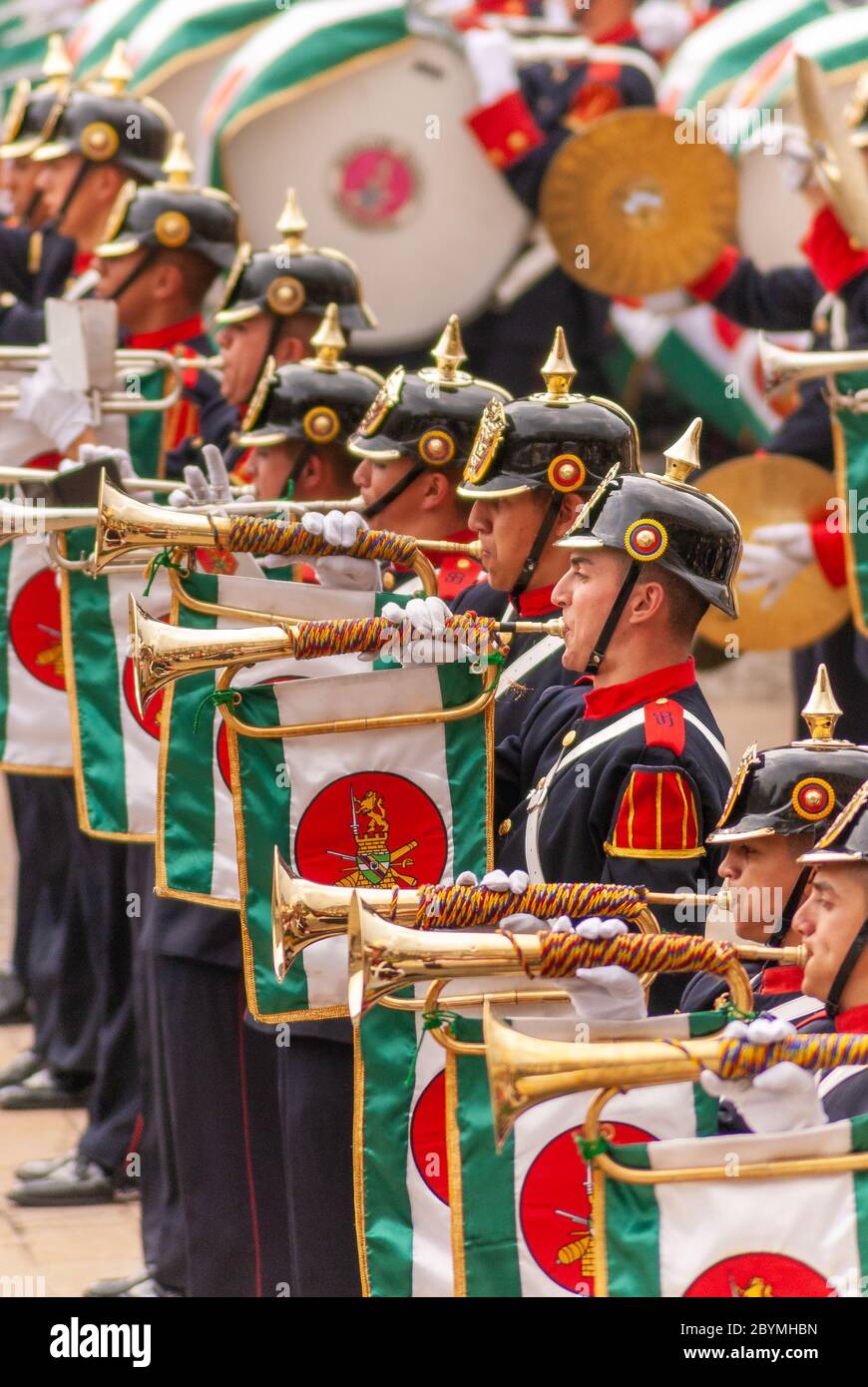 Military band playing bugles during a parade in the grounds of the Casa de Narino Bogota Colombia Stock Photo