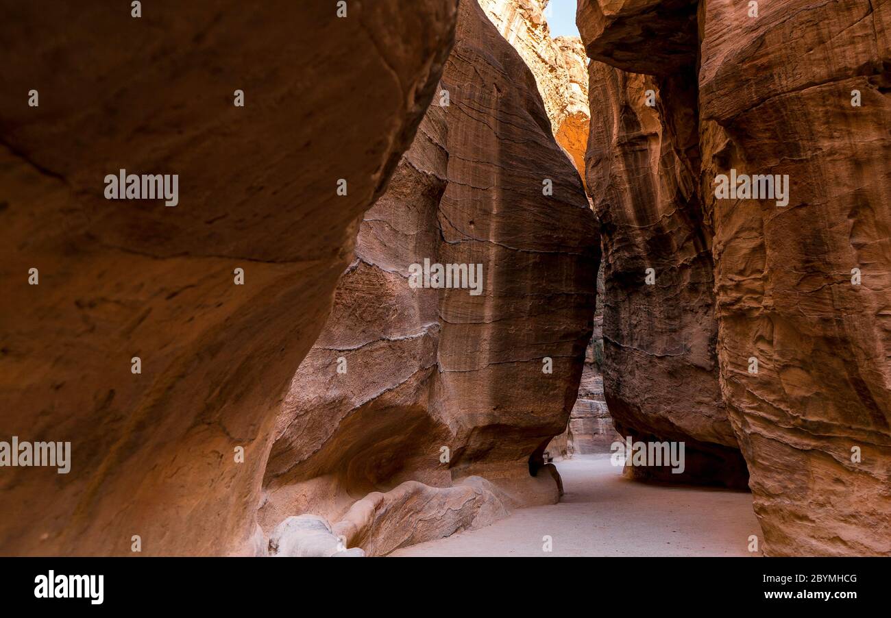Beautiful landscape view of the Red canyon in Petra, Jordan. UNESCO world heritage site and one of The New 7 Wonders of the World. Stock Photo
