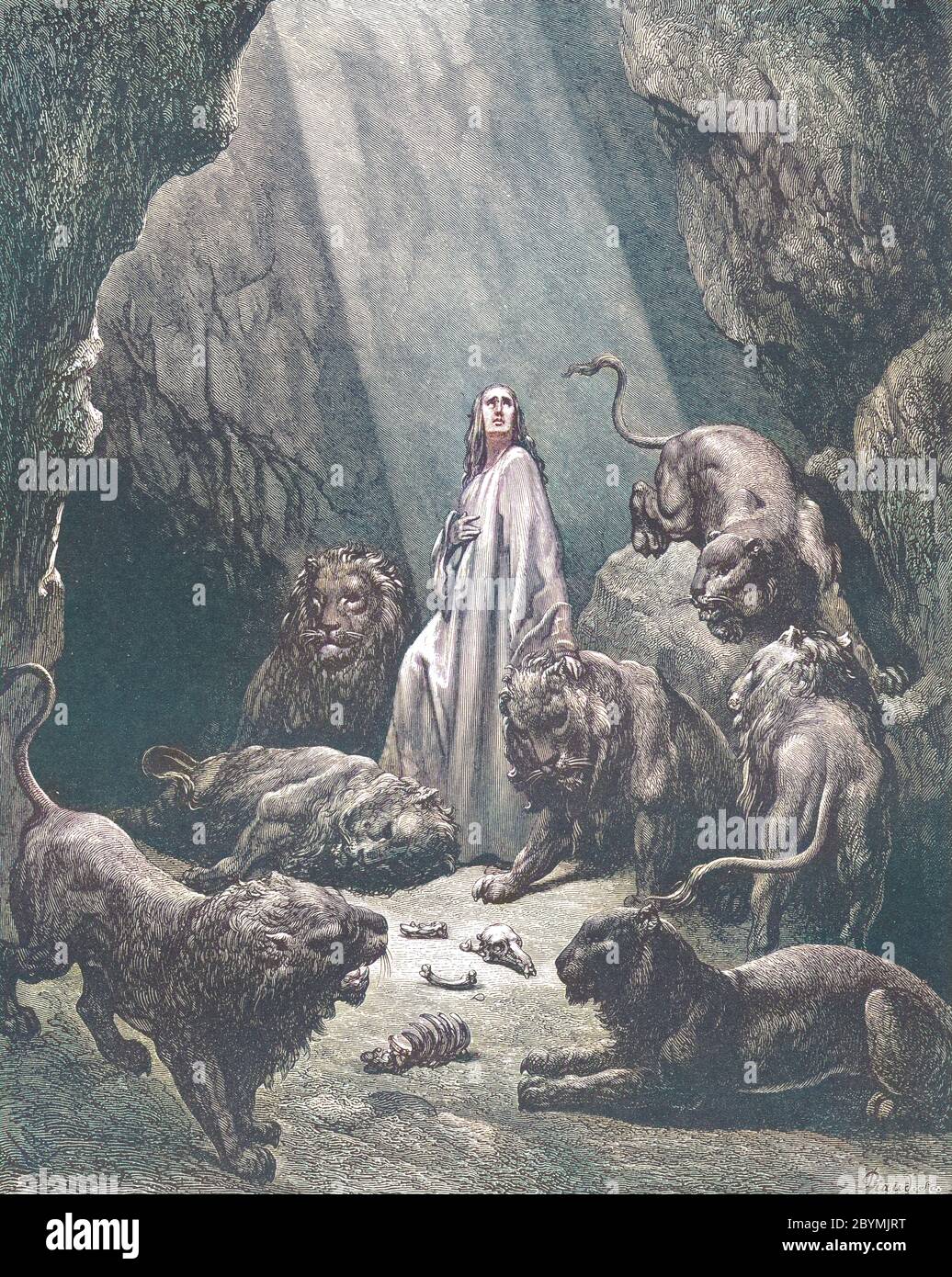 Machine Colourized (AI) Daniel in the Den of Lions Daniel 6:20-21 From the book 'Bible Gallery' Illustrated by Gustave Dore with Memoir of Dore and Descriptive Letter-press by Talbot W. Chambers D.D. Published by Cassell & Company Limited in London and simultaneously by Mame in Tours, France in 1866 Stock Photo