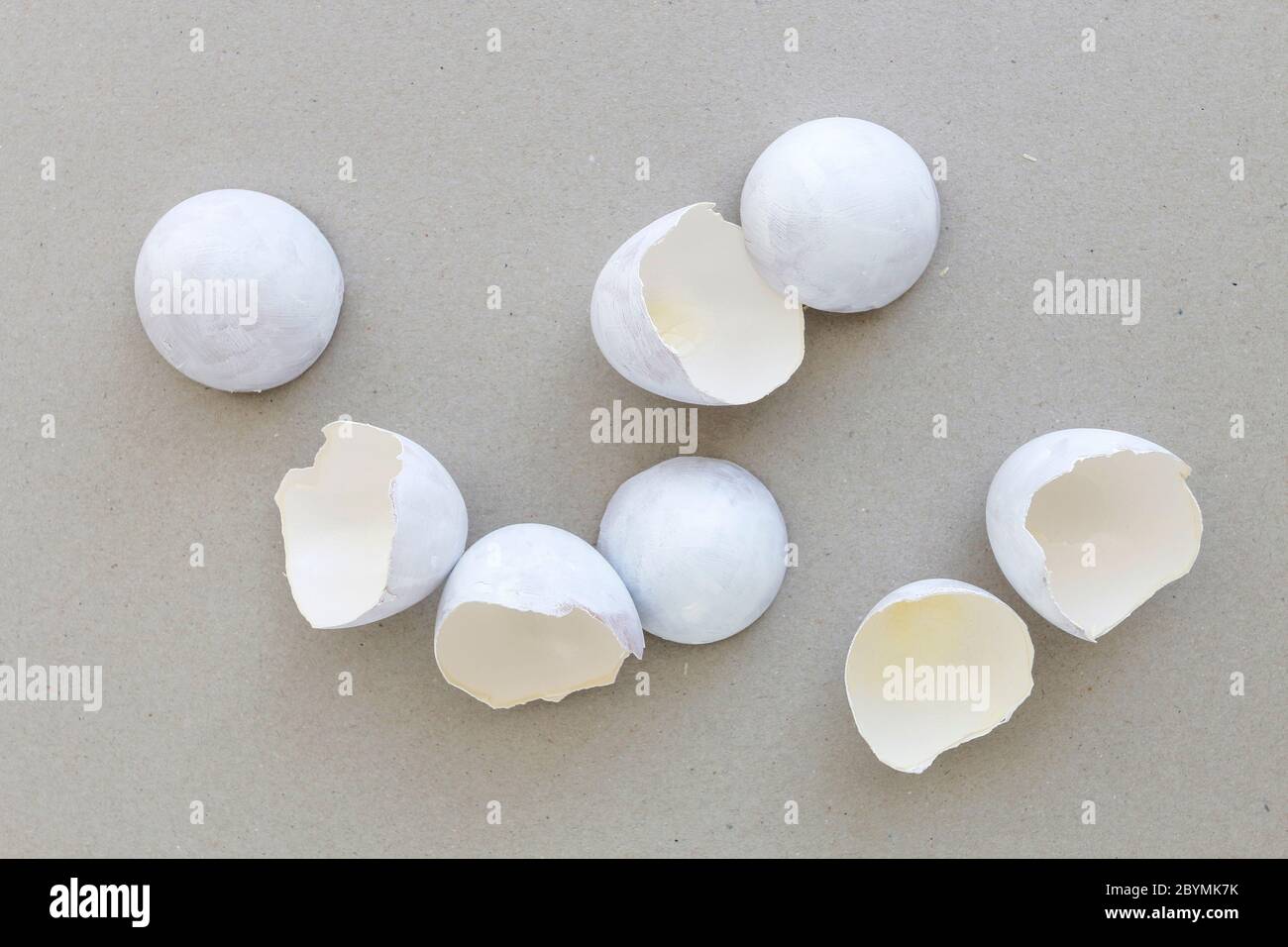 Egg shells coated with white paint. Easter symbol. Festive time Stock Photo