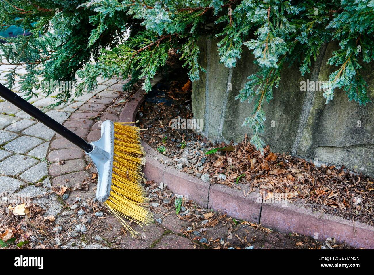 Spring cleaning in the garden. Sweeping dry leaves. Garden hobby Stock Photo