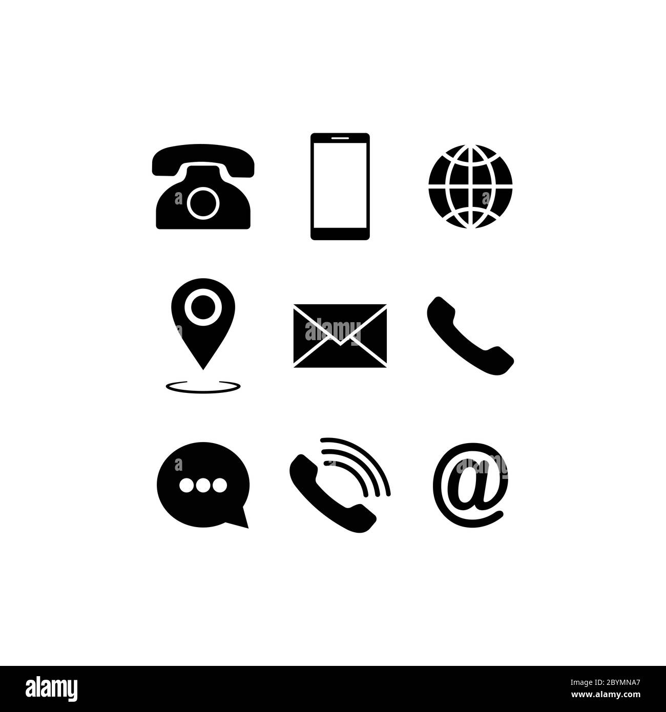 Set of communication icons set. Phone, mobile phone, retro phone, location, mail and web site symbols on isolated white background for applications Stock Vector