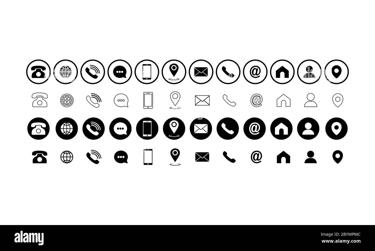 Set of communication icons set. Phone, mobile phone, retro phone, location, mail and web site symbols on isolated white background for applications Stock Vector