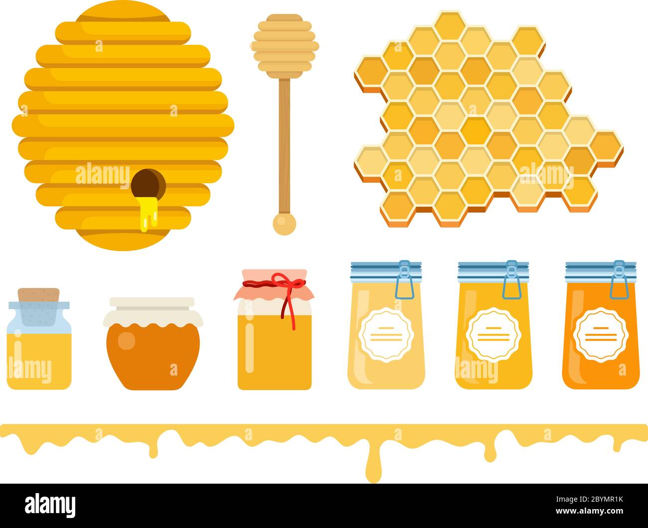 Glass jars with honey, a honey hive, honey wooden scoop, and