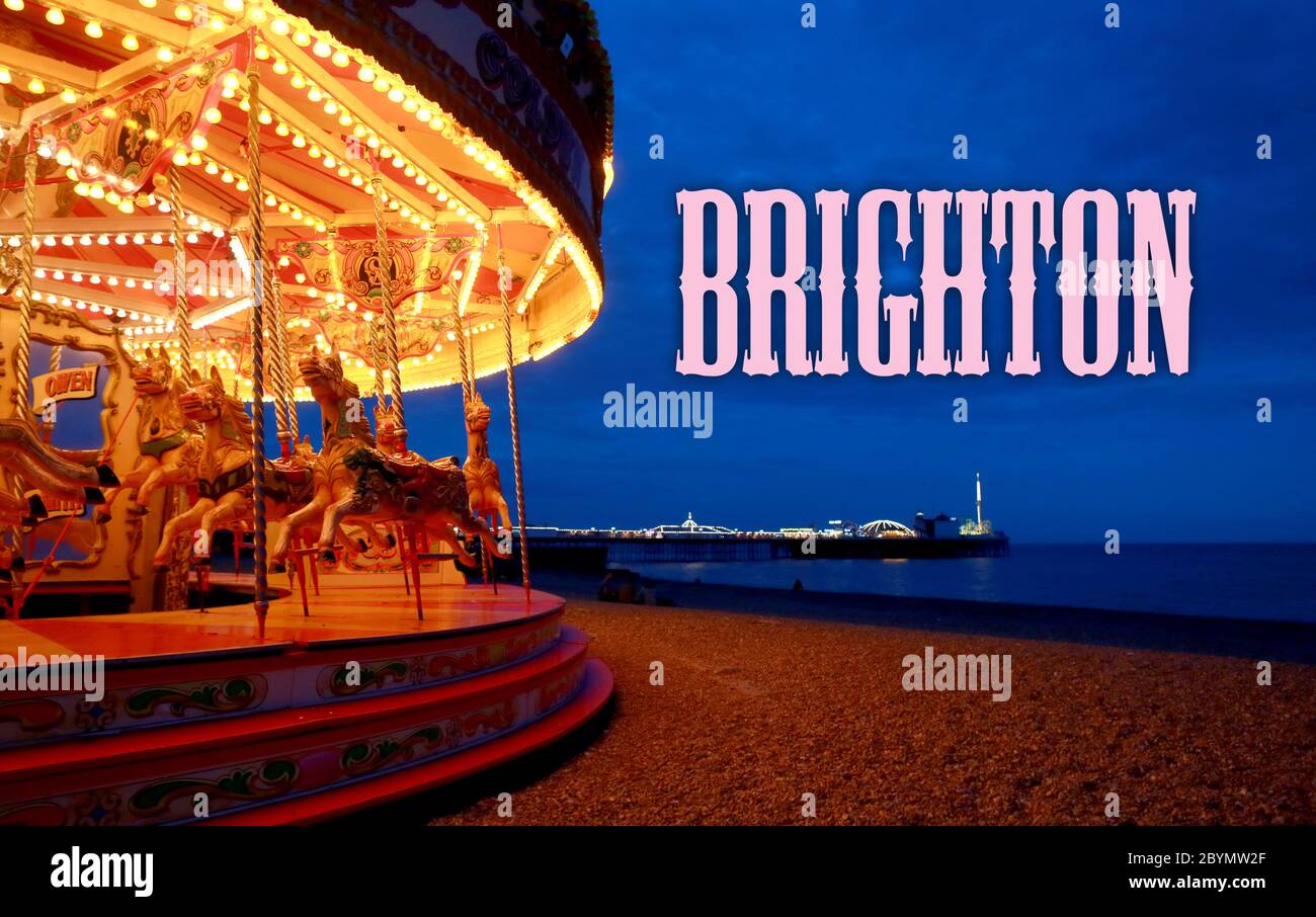 A beach front fairground ride with the Palace Pier. The West Sussex Brighton town seafront. The fairgrounds, bars, clubs and nightlife makes the city Stock Photo