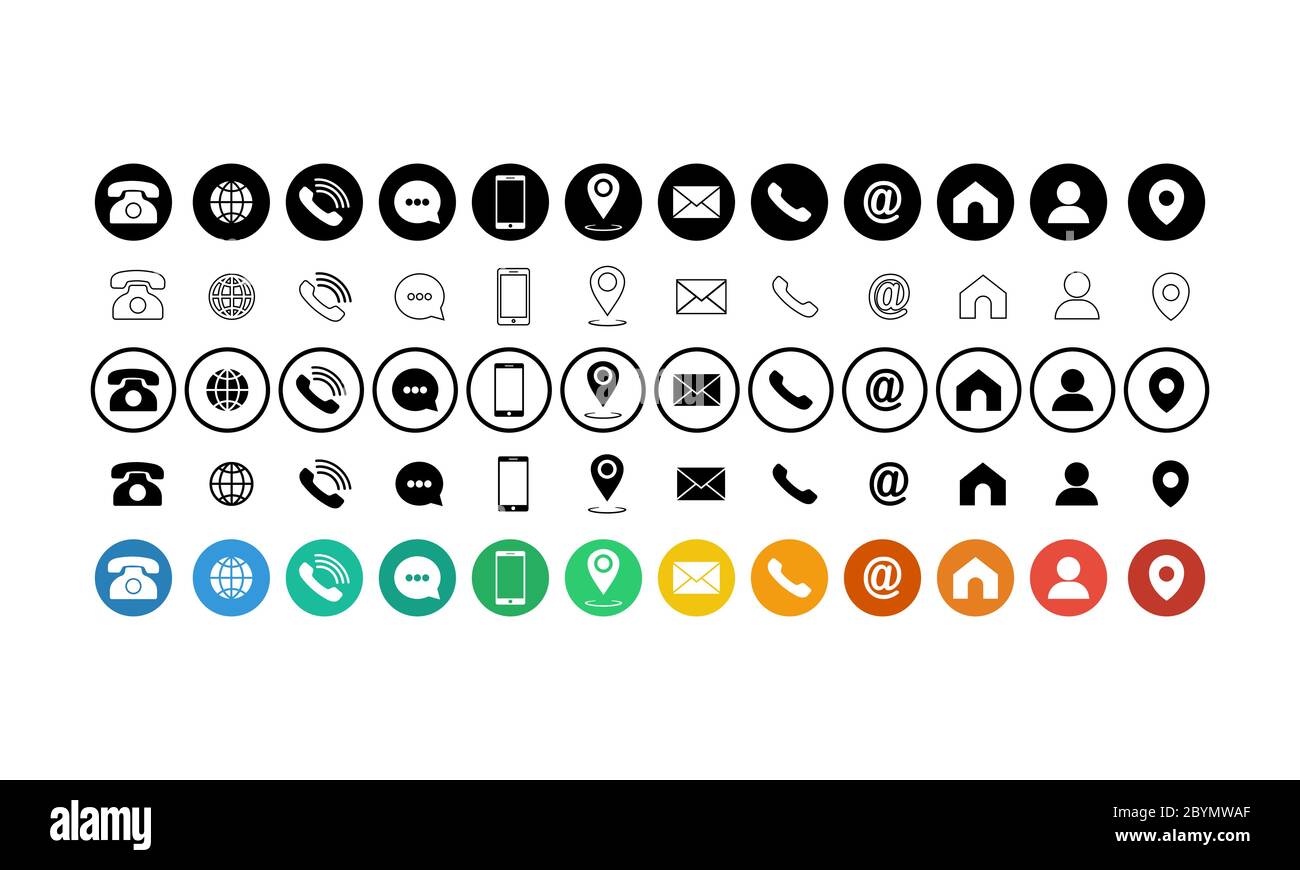 Set of communication icons set. Phone, mobile phone, retro phone, location, mail and web site symbols on isolated white background for applications Stock Vector