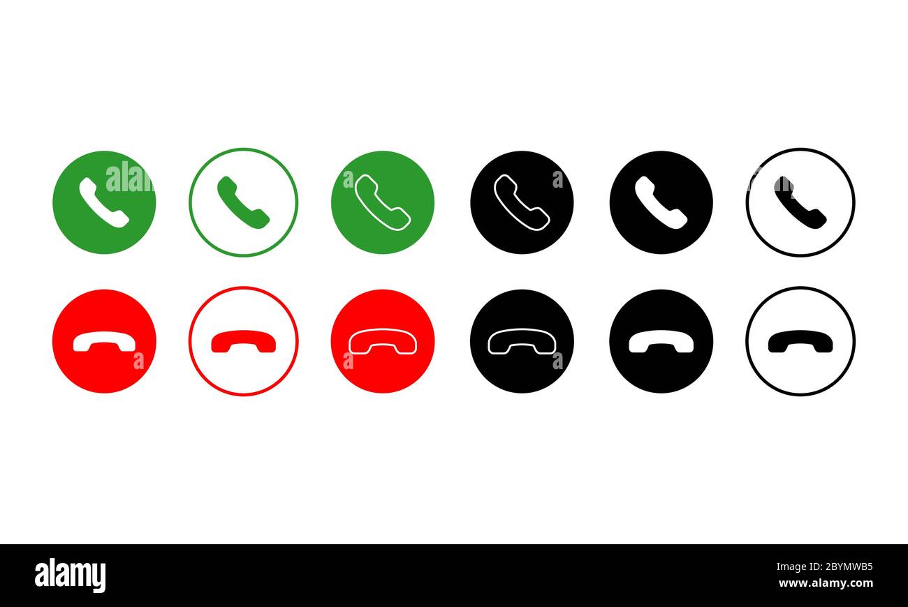 Accept and decline call or red, green, black and white buttons yes no with handset silhouettes icon. Call answer on isolated white background. EPS 10 Stock Vector