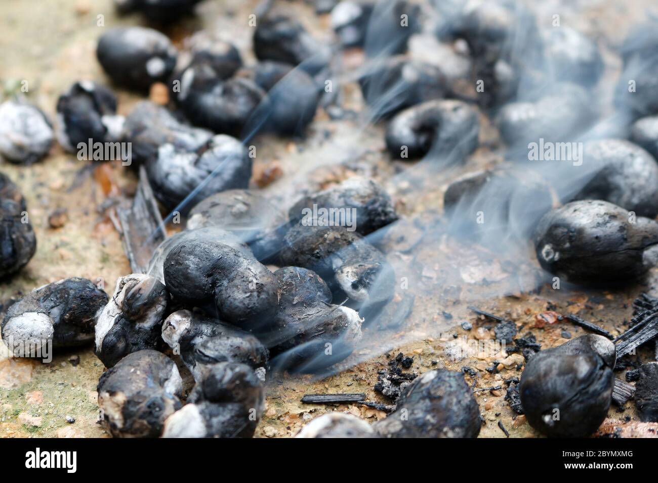 thai tradition cashew nut burned from stove charcoal with hot smoke on