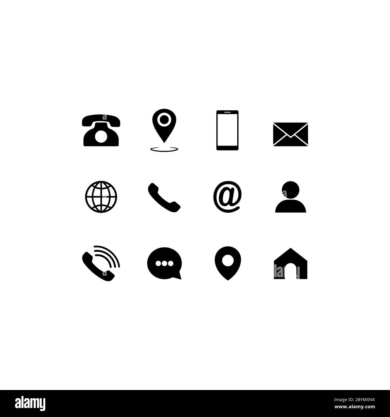 Set of communication icons. Phone, mobile phone, retro phone, location, mail and web site symbols on isolated background for applications, web, app Stock Vector