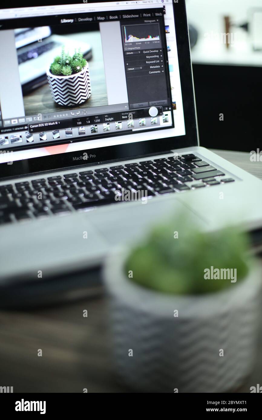 working with computer laptop, working with photo editing software Stock Photo