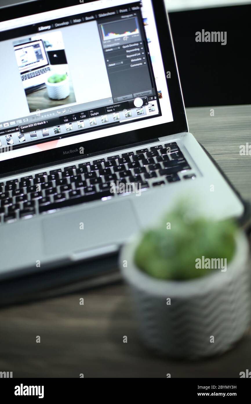 working with computer laptop, working with photo editing software Stock Photo