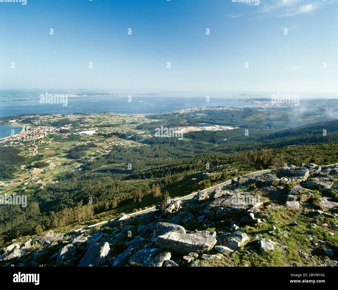 Spain, Galicia. Rias Bajas (Lower Rias). Panoramic view of the Ria of Arousa.  Estuary. Stock Photo
