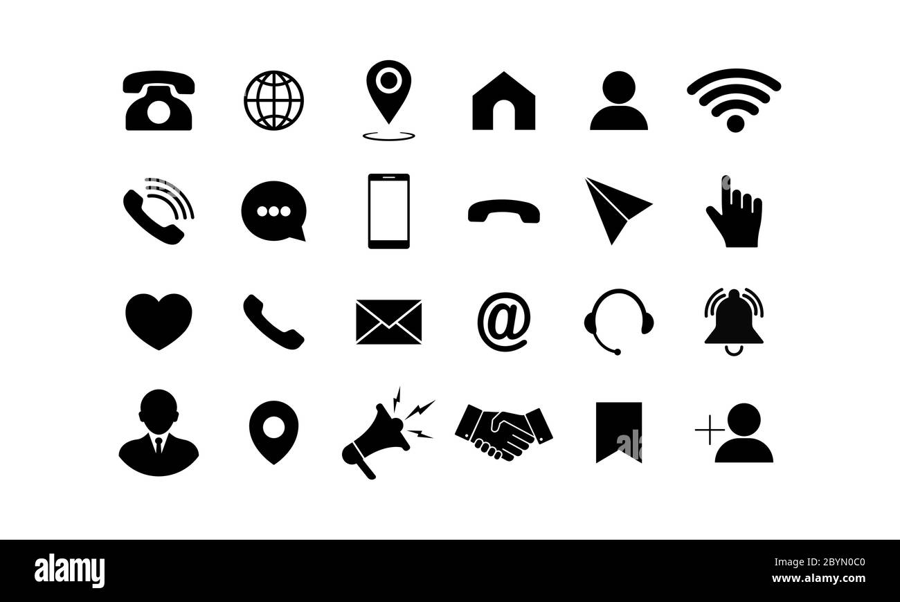 Set of communication icons. Phone, mobile phone, retro phone, location, mail and web site symbols on isolated background for applications, web, app Stock Vector